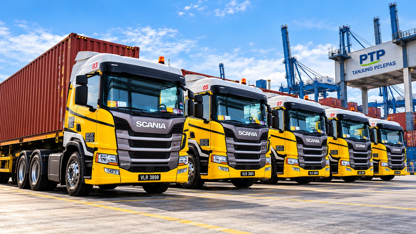Yellow Scania fleet line-up at Port of Tanjung Pelepas