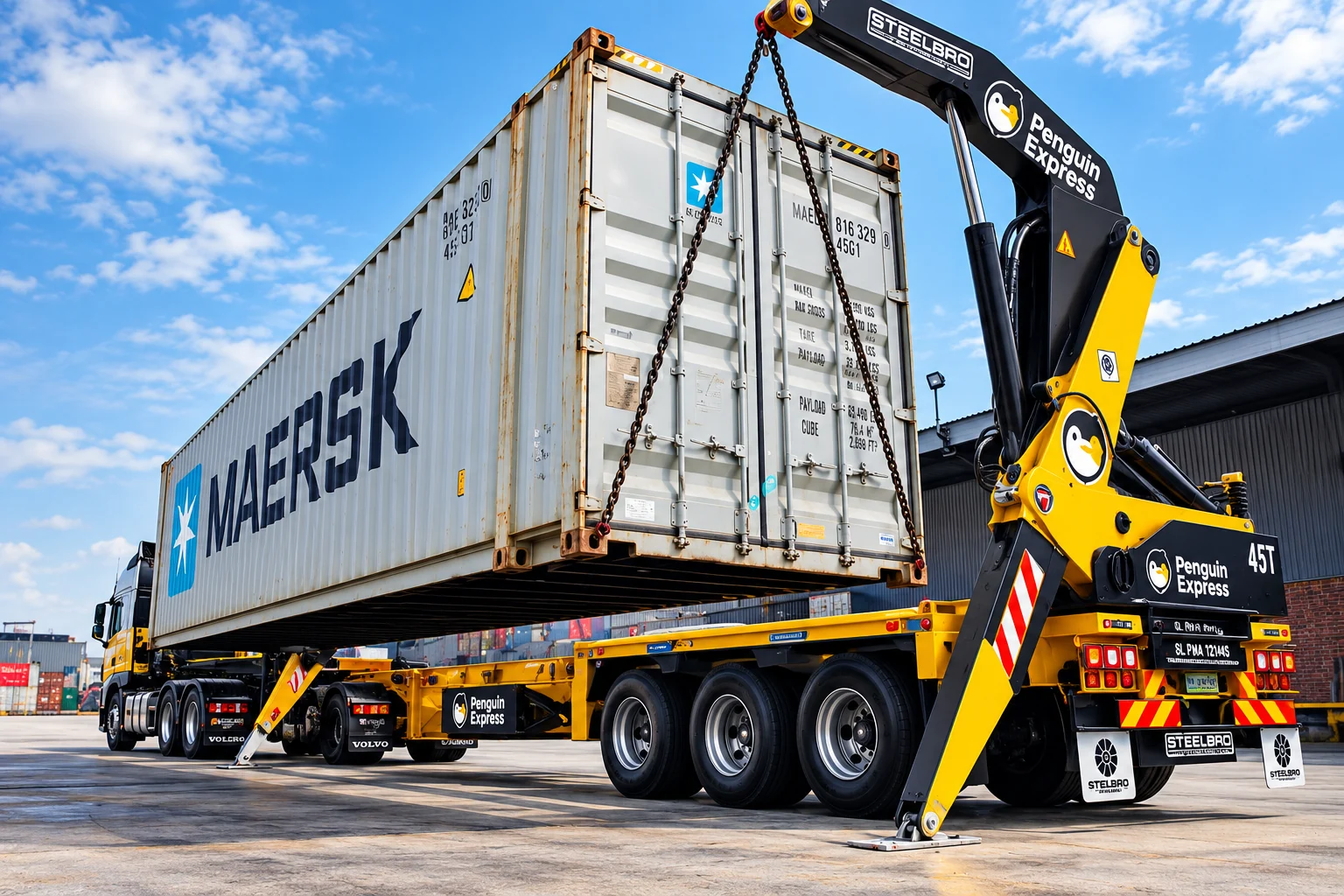 Penguin Express Steelbro side loader lifting a shipping container